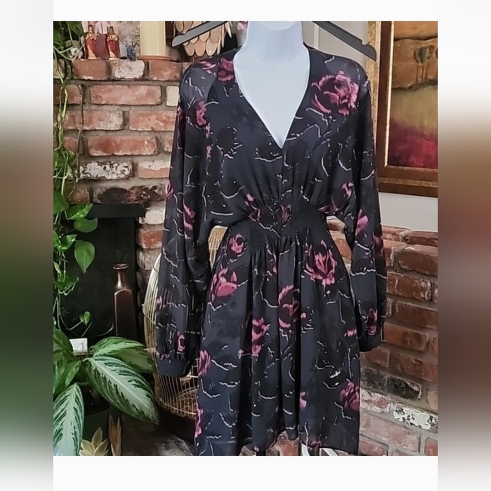 All Saints Nicola Rosalyn Floral Smocked Black and Pink Mini Dress - Picture 2 of 11